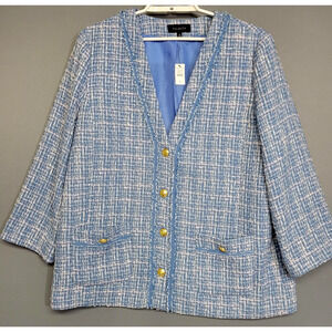 Talbots Jacket Womens 16 Blue Tweed Boucle Gold Button Lined Collarless Blazer